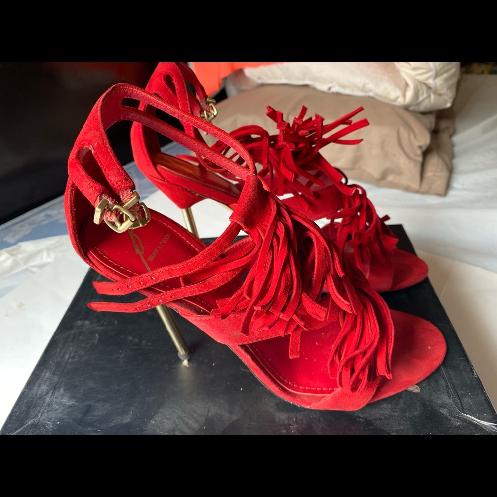 Brain Atwood Red Suede Luciana Fringe Heels Sz 39